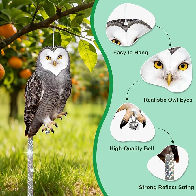 Owls to Keep Birds Away: 4Pcs Fake Owl with Reflective Tape for Orchard Garden Patio Pool, Reflective Hanging Decoration to Keep Birds Pigeon from Windows Tree Vineyard