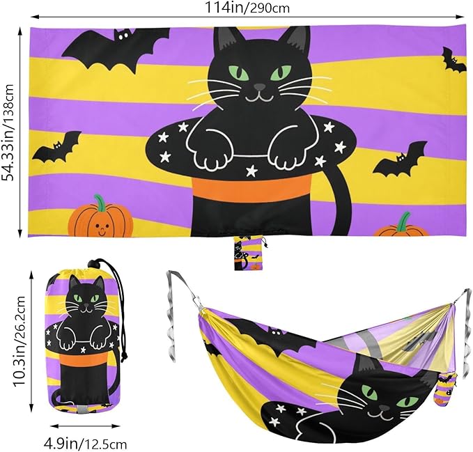 Halloween Black Cat and Pumpkins 330lb Capacity Outdoor Hammock with Hanging Rope Cloth Hammock for Outside Patio Garden amacas para patios con Base de adultos
