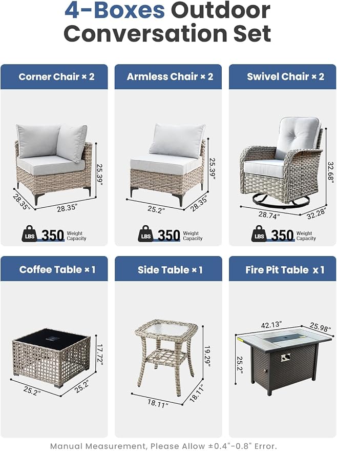 9-Piece Outdoor Patio Furniture Set with Fire Pit Table, Outdoor Conversation Wicker Sofa with Swivel Chairs, Rattan Couch with Coffee Table for Deck, Backyard, Poolside (Light Grey)
