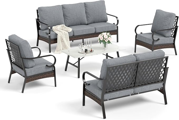 HERA'S HOUSE 5 Piece Metal Patio Furniture Set, 7 Seats All Weather Outdoor Conversation Set, 3 Seat Sofa with Loveseat, 2 Fixed Chairs, Coffee Table for Backyard, Garden, Deck, Grey