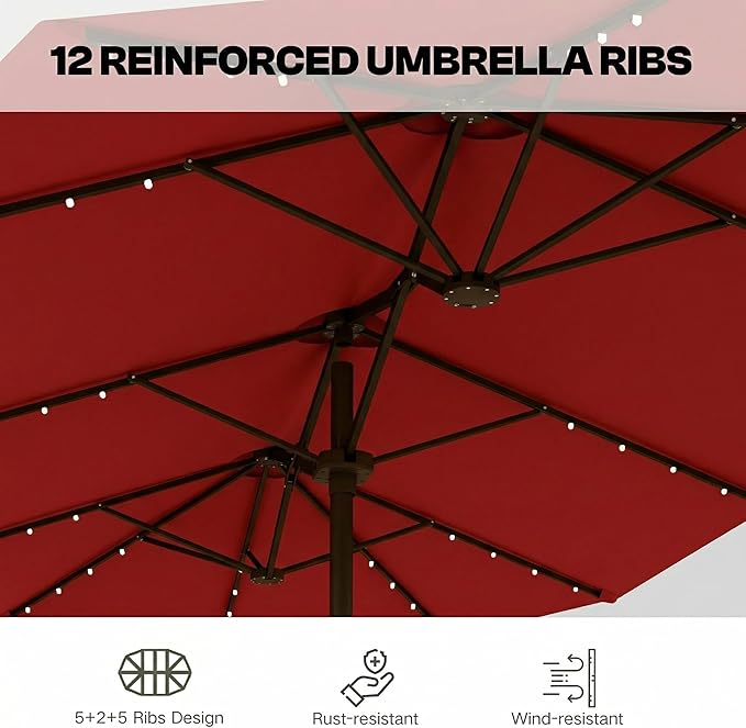 15ft Large Patio Umbrella with Solar Lights and Base, Double-Sided Outdoor Rectangle Umbrella with 48 LED Lights, Market Table Umbrellas with UV Resistant Canopy