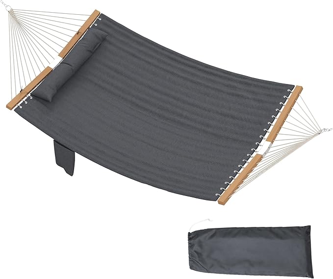Outsunny Outdoor Hammock, 2-Person Hammock with Head Pillow and Pad, Wood Spreader Bars, 440 lbs Capacity, for Patio Yard Garden, 128" x 55", Gray