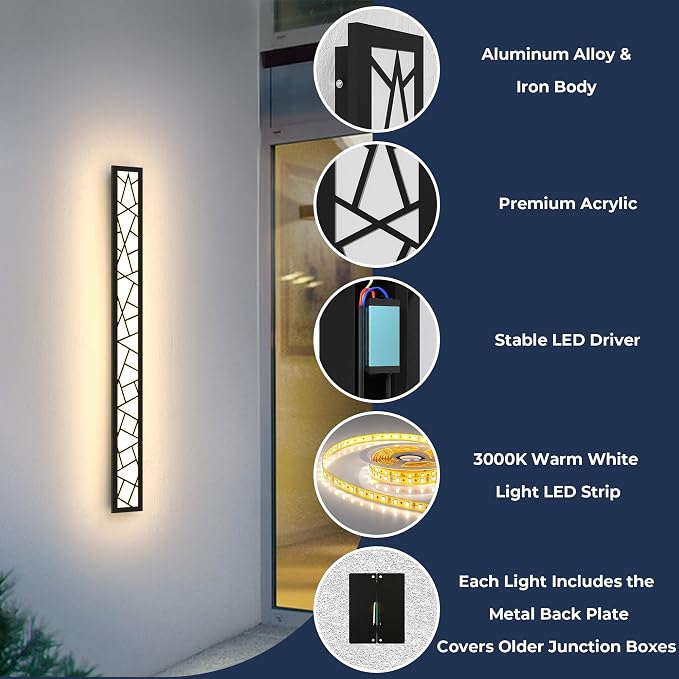 Outdoor Wall Lights 39.4inch Modern Outdoor Wall Sconce LED Long Wall Sconces Black Front Porch Light Waterproof Led Wall Light IP67 3000K Exterior Lighting Fixtures