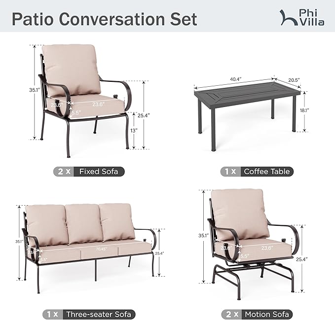 PHI VILLA Extra Large Metal Patio Furniture Sets, All-Weather Steel Frame Heavy Duty Patio Conversation Sets for Backyard, Porch and Garden