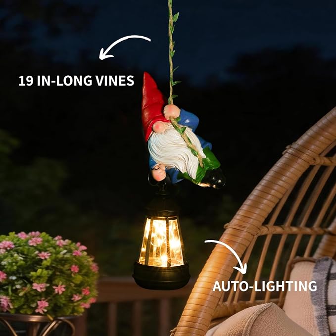 Solar Hanging Gnome Garden Statues Funny Climbing Gnome with LED Lantern | Outdoor Swinging Decor Tree Hugger Yard Porch Wall Fence Decoration Birthday Garden Gifts for Mom Women, Red Hat