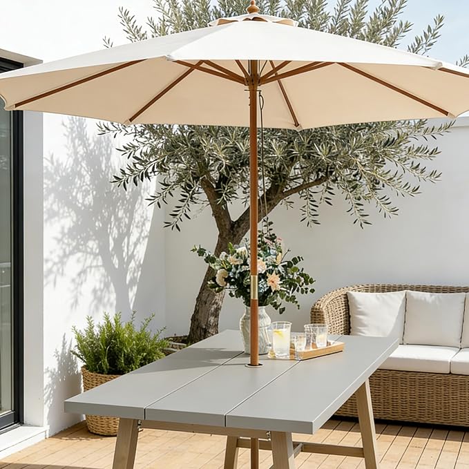 SUNSITT 7 Piece Outdoor Patio Dining Set, Patio Dining Furniture Set with 76” Aluminum Dining Table w/Umbrella Hole and 6 Woven Wicker Outdoor Patio Chairs w/Curved Armrest for Garden, Light Grey