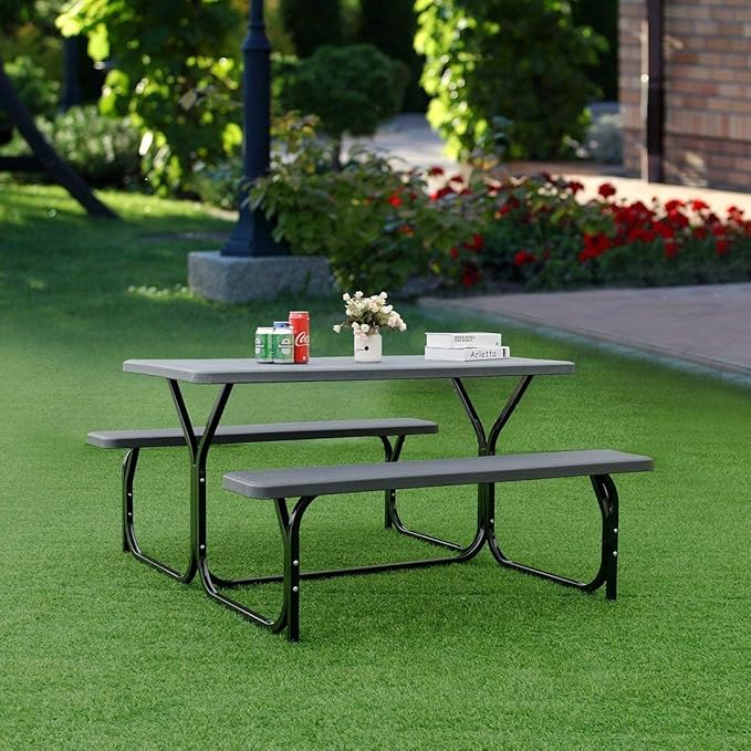HAPPYGRILL Outdoor Picnic Table Bench Set with Metal Frame & All Weather-Resistant Surface, Camping Table Set for Patio Backyard Poolside Garden Dining Party