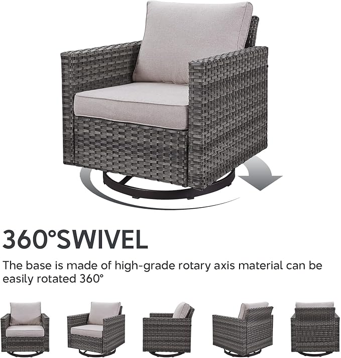 6 Piece Wicker Patio Furniture Set - Outdoor Swivel Rocker Chairs Set with Coffee Table, 3 Seat Sofa & Ottomans, Small Patio Conversation Sets Proch Furniture for Balcony Deck - Grey/Beige