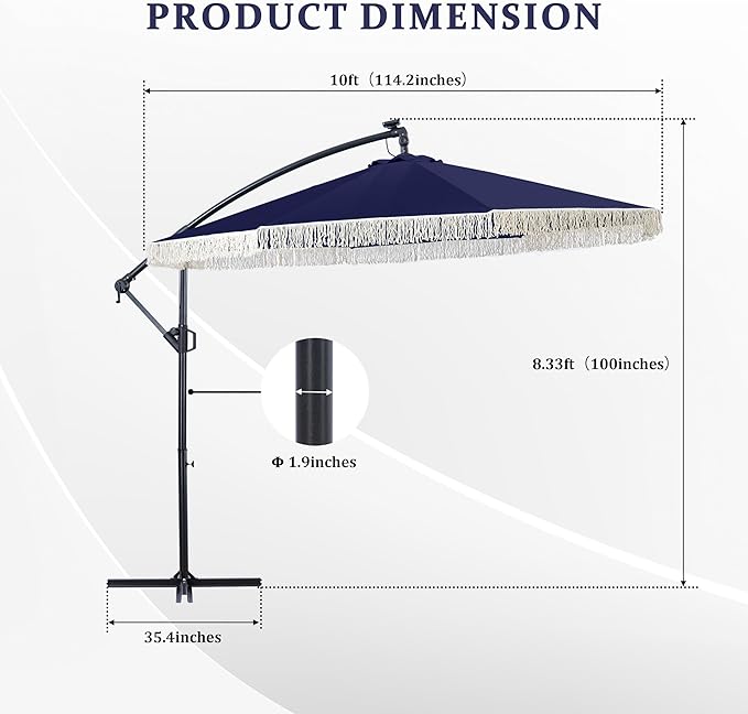 MONDAWE 10FT Cantilever Patio Umbrella with Tassels, 360° Rotation Offset Outdoor Umbrella, Heavy Duty Backyard Shade Umbrella with 180G Fabric for Patio Garden Deck