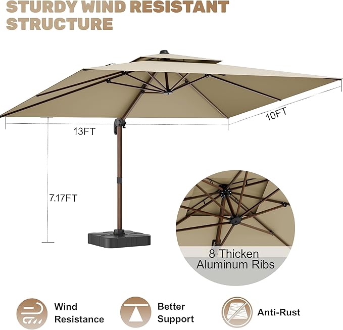 10x13FT Cantilever Outdoor Patio Umbrellas with Base, Double Top Wood Pattern Rectangle Umbrella, Heavy Duty 360°Rotation Offset Umbrella for Garden Deck Pool Patio, Beige