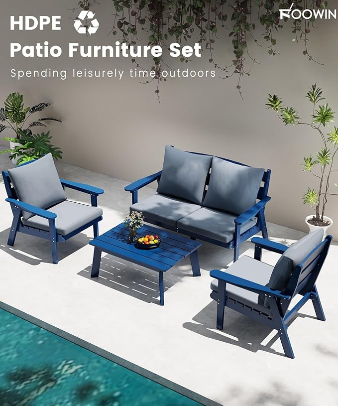 FOOWIN 4-Piece Patio Furniture Set, HDPE All-Weather Outdoor Conversation Set with Thick Cushions, Sectional Patio Sofa Furniture for Deck, Porch, Lawn, Garden, Navy Blue Frame & Grey Cushion