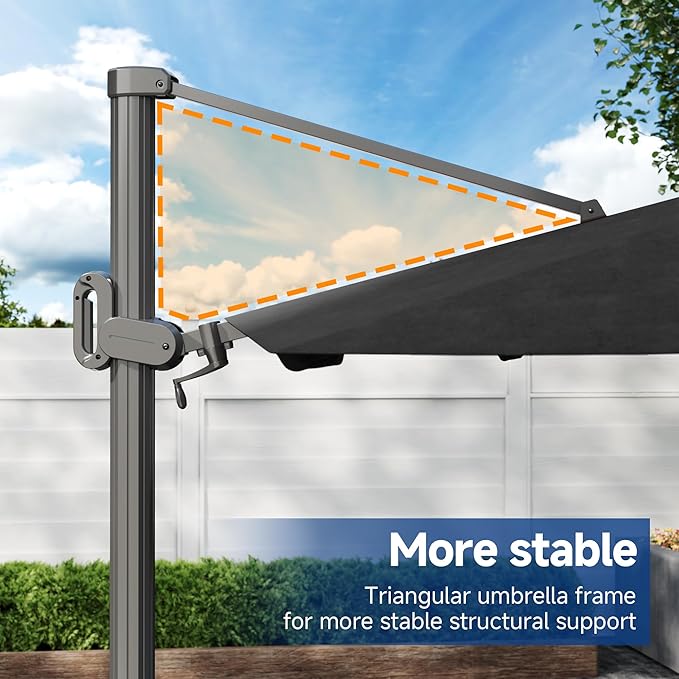 FLAME&SHADE 11ft Cantilever Patio Umbrella with Base, Round Offset Umbrella with Solar Light Strips, Large Heavy Duty Outdoor Aluminum 360° Rotation,for Deck,Pool,Backyard