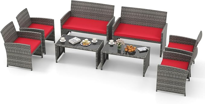 Tangkula 8 Piece Patio Wicker Furniture Set, Outdoor Heavy Duty Rattan Cushioned Chairs, Loveseat and Tempered Glass Coffee Table, for Backyard, Balcony, Poolside Red