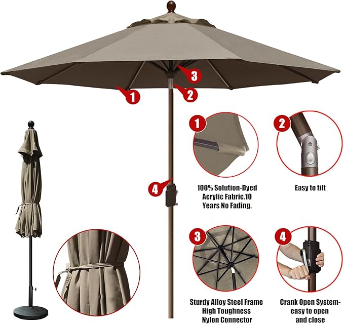 EliteShade USA 10-Year-Non-Fading 10Ft Market Patio Umbrella, UPF 50+ UV Protection Performance Sun Umbrella, Heavy Duty Commercial Grade Outdoor Table Umbrella with Crank & Tilt, Windproof Vented Top for Garden, Pool, Deck and Outdoor Playsets, Taupe