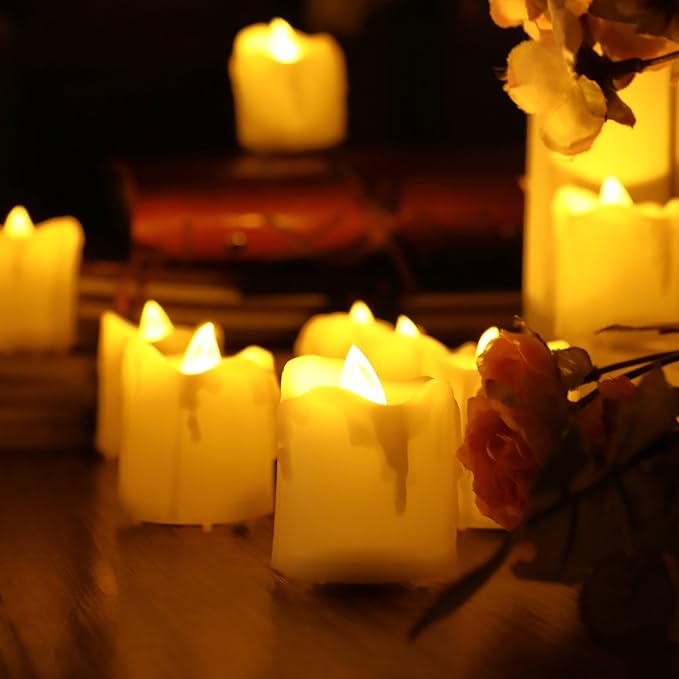 6 Battery Operated Flameless LED Votive Candles with Remote Realistic Flickering Fake Electric Tea Lights Set Bulk Baptism Wedding Party Decorations Kitchen Home Décor Centerpieces Batteries Included