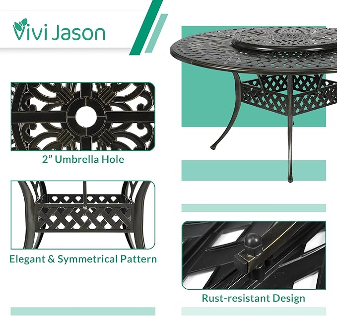 VIVIJASON 9-Piece Patio Furniture Dining Set, Rust-Free Cast Aluminum Outdoor Conversation Set, Include 8 Cushioned Chairs & 61" Round Dining Table with 31" Lazy Susan, Umbrella Hole, Red