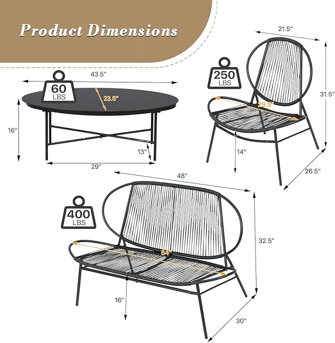 Athena Collection Outdoor Patio Furniture Set 4 Pieces, Metal Outdoor Table and Acapulco Chairs, Small Patio Furniture Bistro Conversation Set for Balcony, Front Porch, Backyard, Gardern, Black