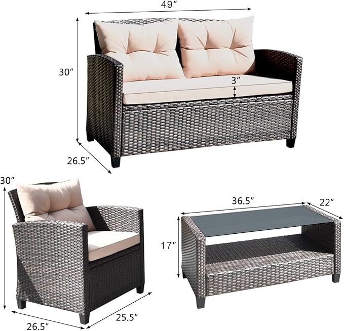HAPPYGRILL 4-Piece Patio Conversation Set Rattan Wicker Chair Furniture Set with 1 Loveseat, 2 Single Sofas, 1 Coffee Table, Outdoor Indoor Furniture Sets for Backyard Porch Garden Poolside Balcony