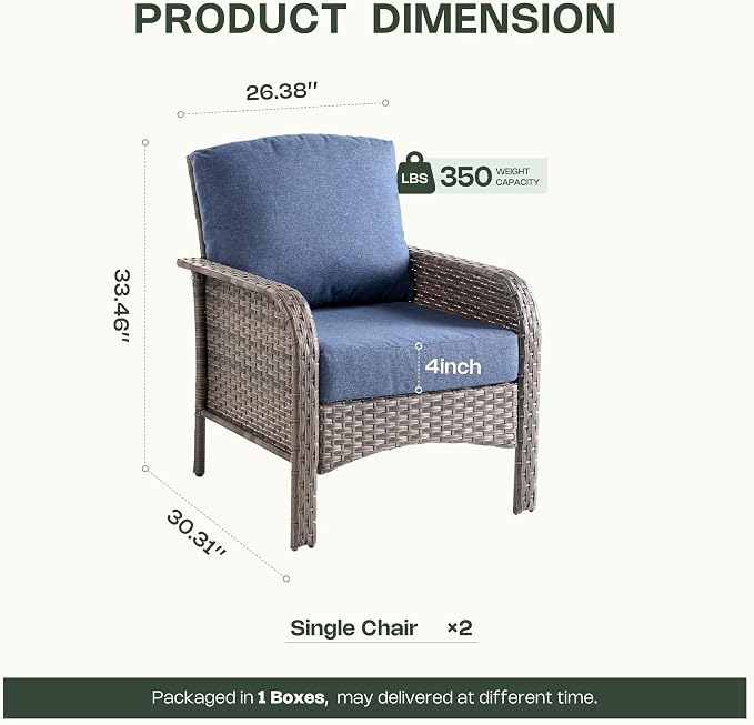 Patio Furniture Set, Outdoor Wicker Chairs of 2, Modern Rattan Outdoor Chairs Conversation Set, All Weather High Back Patio Sofa with Comfy Cushions for Porch, Balcony, Garden, Denim Blue