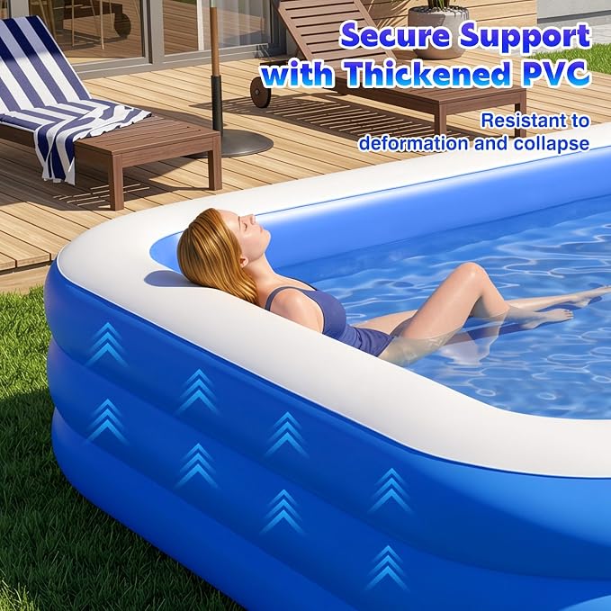 MoKo Inflatable Swimming Pool with Canopy, Large Blow Up Pool with Shade for Adults Kids Kiddie Toddler, 102" × 65" × 23" Big Foldable Family Above Ground Pools for Backyard Garden, Blue/White