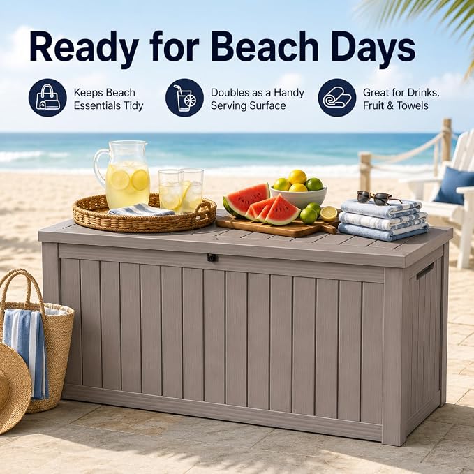 Outdoor Deck Patio Storage Box - 170 Gallon Large Outdoor Deck Box, Plastic Storage Bin with Lid, Outside Toy Box & Pool Storage Container for Cushions, Garden Tools, Towel, Brown