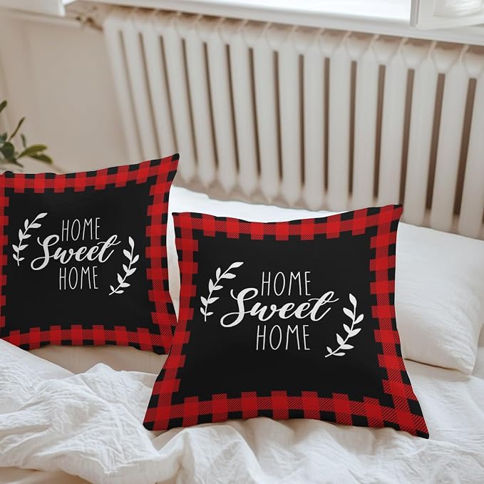 Home Sweet Home Waterproof Outdoor Pillow Covers Set of 2 Home Decor, Leaves Red Buffalo Plaid Pillowcase Patio Pillow Covers for Couch Bench Patio Furniture Garden 26x26in