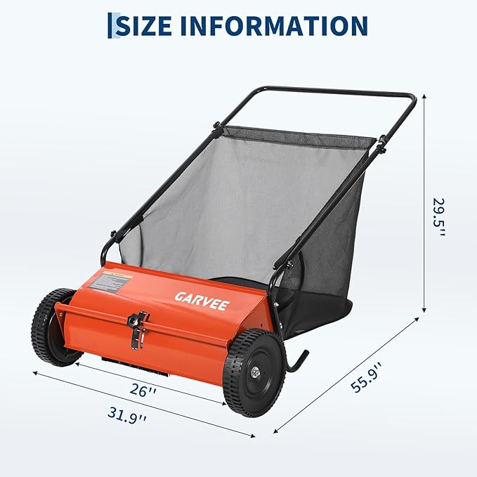 Push Lawn Sweeper 26Inch-Heavy Duty Walk Behind Leaf Collector and Yard Sweeper for Outdoor,Patio,Driveway,Garden Grass Sweepers,4 High Speed Spinning Brush,7 Cu. ft. Hopper Capacity