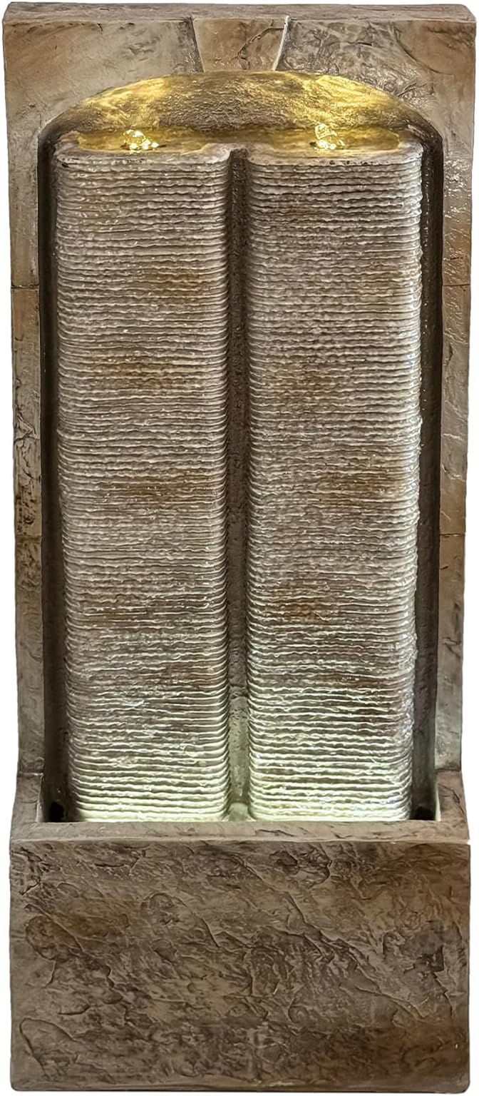 Outdoor Water Fountain 39 Inch Cascading Waterfall Fountain with LED Lights Freestanding Resin Garden Fountain for Patio Backyard Porch Yard Modern Outdoor Water Feature