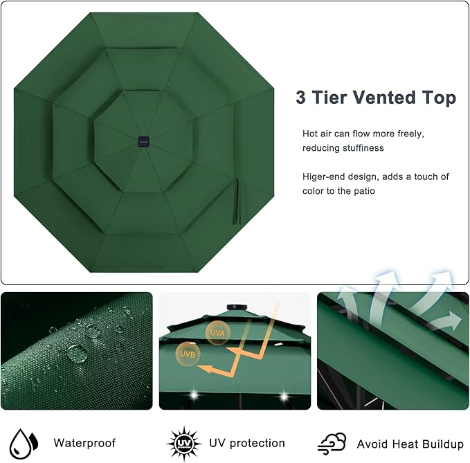 ABCCANOPY 3-Tiers 11FT Solar Patio Umbrella, Outdoor Umbrella with 32 LED Lights for for Deck, Pool, Garden, Backyard (Green)