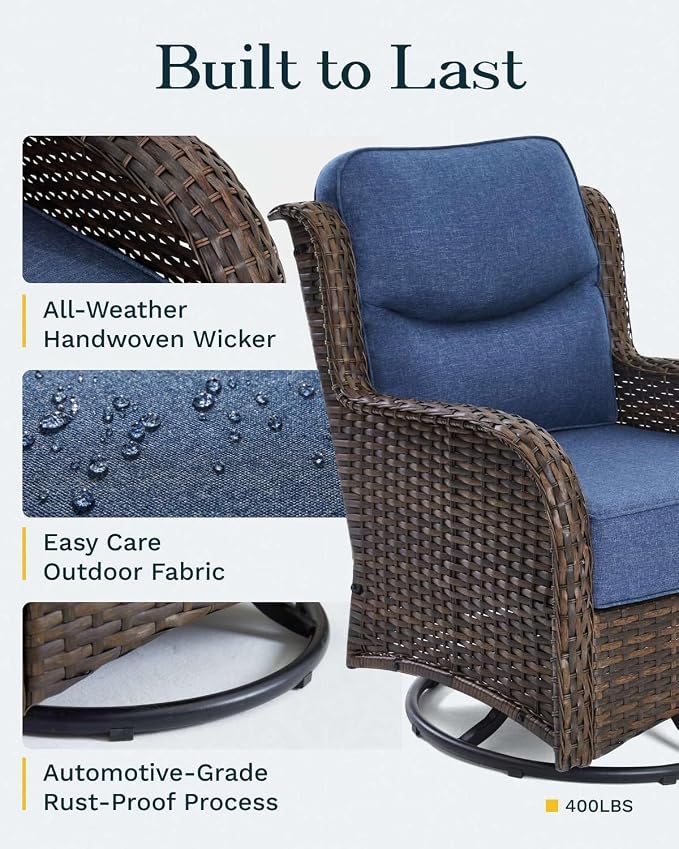 High Back Outdoor Furniture with Extra Thick Cushion Patio Swivel Rocking Chairs, Comfort 3-Seat Sofa, 8PCS Oversized Wicker Conversation Set for Porch, Deck, Yard in Blue