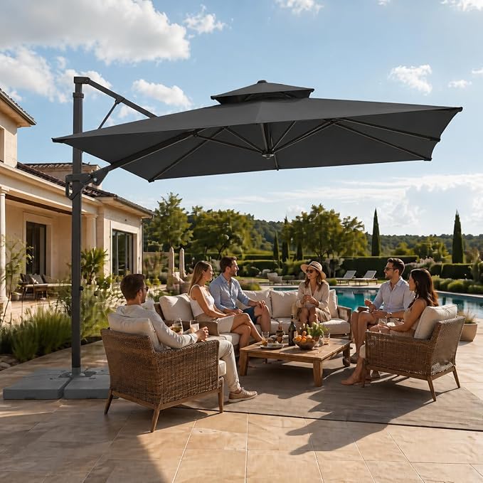 JEAREY 9ft 2-Tier Cantilever Patio Umbrella, Large Square Outdoor Offset Umbrella with Double Top Vent and 360-degree Rotation for Garden, Deck, Pool, Patio, Gray