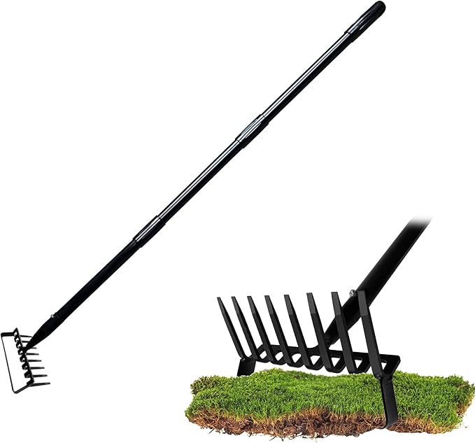 8-Tines Rake and Stirrup Hoe - Adjustable Long Handle Scuffle Loop Action Hoe for Weeding, Digging, Loosening Soil, Stainless Steel Tiller Cultivator for Gardening, Raised Flower Beds Planting.