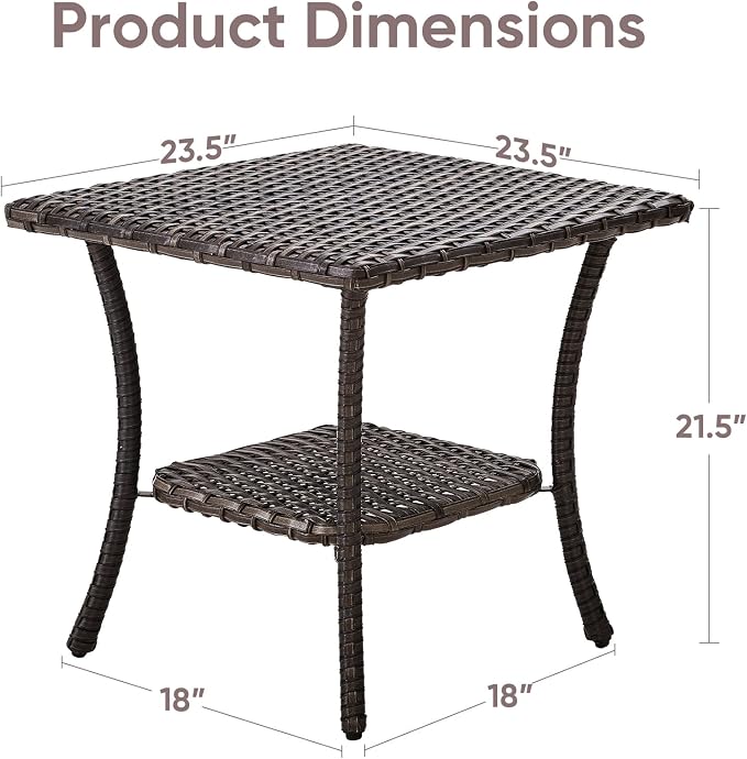 Patio Wicker Side Table-Outdoor PE Rattan End Table with 2-Tier Storage Shelf Square Coffee Table for Deck Porch Garden Backyard-Brown