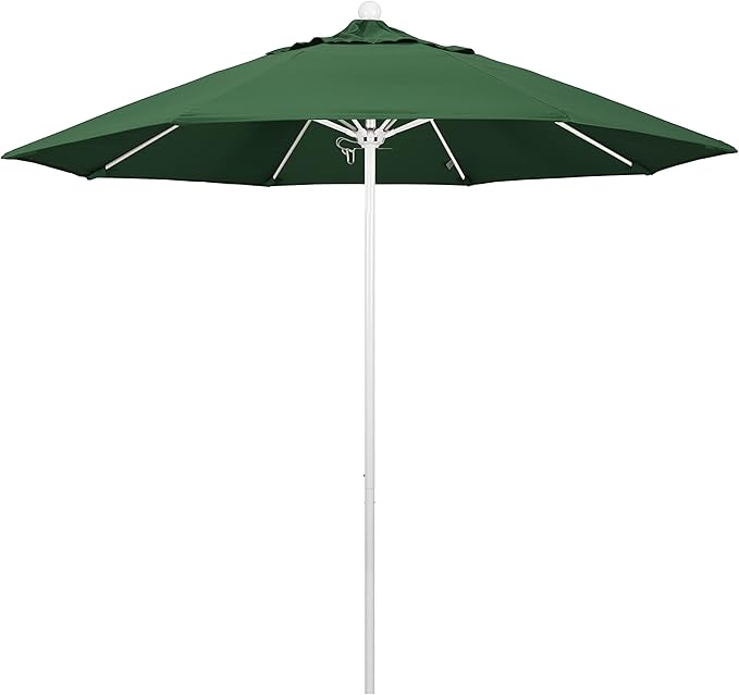California Umbrella 9' Round Aluminum/Fiberglass Umbrella, Push Open, White Pole, Olefin Hunter Green Fabric
