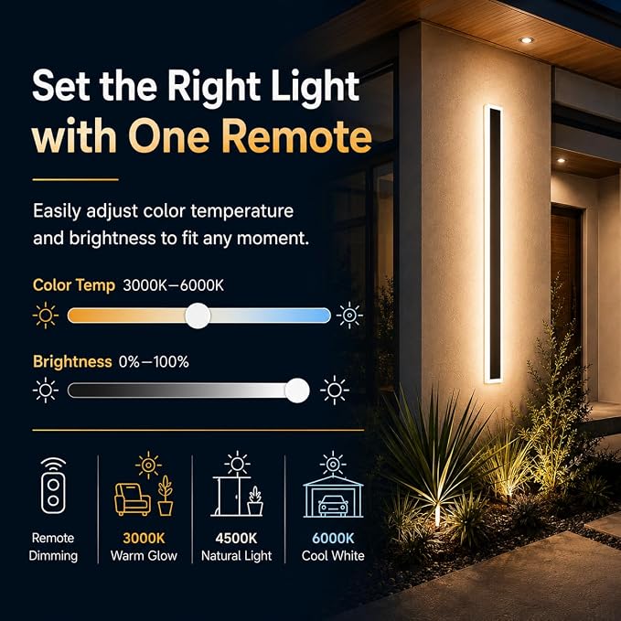 31.5" Outdoor Wall Lights, 2-Pack Remote Dimmable Sconces | Adjust 3000K–6000K lighting by remote for a modern garage, patio, porch or front door upgrade