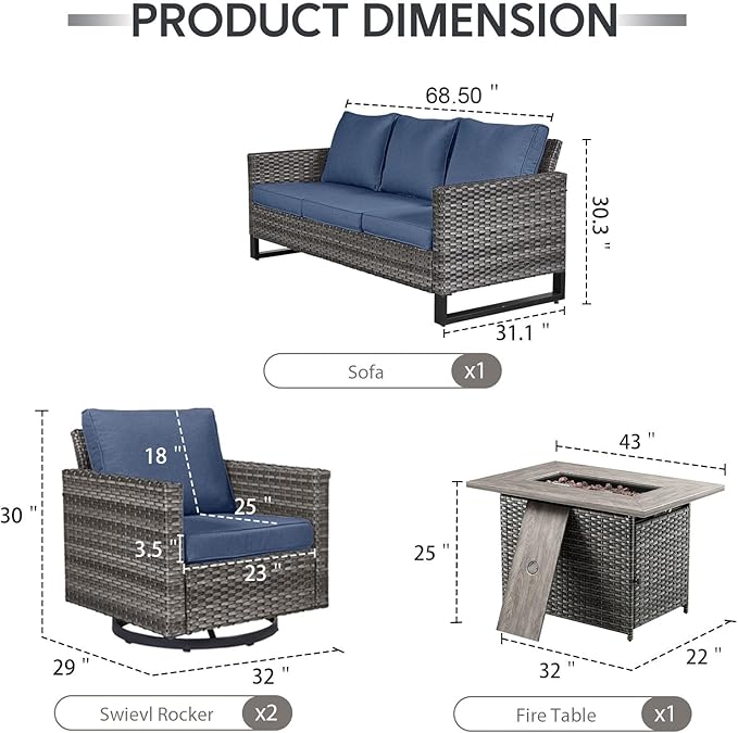 4 Piece Wicker Patio Furniture with Fire Pit Table - Outdoor Conversation Set with 50,000 BTU Fire Pit, All Weather Rattan Patio Set for Deck Backyard Garden - Grey Wicker Blue Cushion