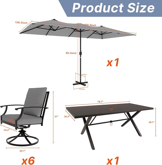 Gotland 7 Piece Outdoor Dining Table and Chairs for 6 with 14Ft Double-Sided Umbrella, Patio Swivel Dining Chairs for 6, Rectangular Patio Dining Table with Umbrella Hole Outdoor Patio Set