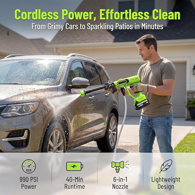 Cordless Portable Washer, 2026 Upgraded 1800 Psi Battery Powered Handheld Washer with 6-in-1 Nozzle, Battery Operated Pressure Washer for Car,Home,Bike,Garden Patio, Outdoor Cleaning (Green)