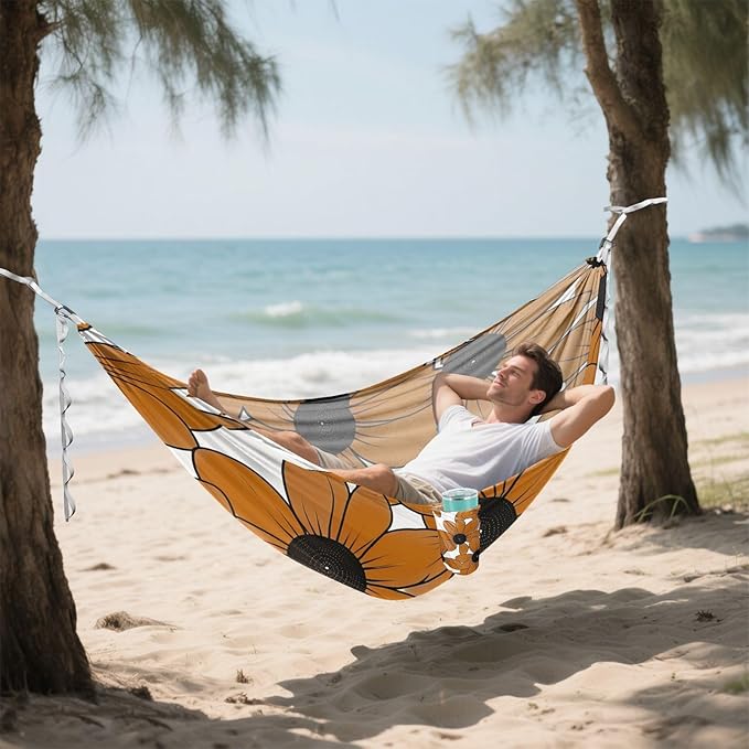 Black-Eyed Susan Simple Line Art Valentinesnes Coffee 330lb Capacity Outdoor Hammocks with Portabl Carry Bag Swing Hammock for Patio Backyard Lounge Base hamaca para Patio Exterior