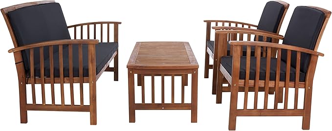SAFAVIEH Outdoor Collection Rocklin Natural/ Black Cushion 4-Piece Conversation Patio Set