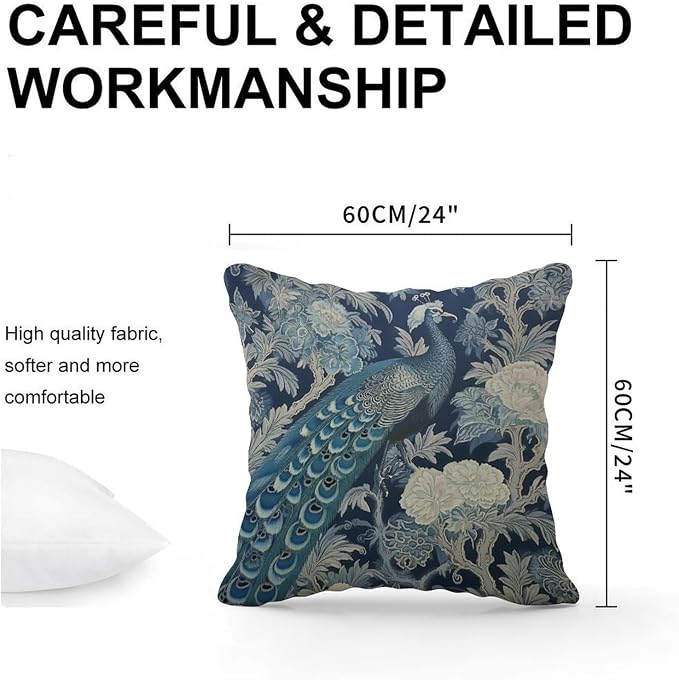 Blue Peacock Chinoiserie Throw Pillow Covers Blue Grey Asian Flower Throw Pillow Cover Classic Modern Decorative Pillow Covers for Patio Furniture Porch 24x24 in