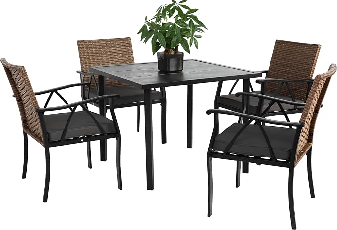 GDFStudio 5-Piece Outdoor Wicker Dining Set, Patio Table and Chairs for 4 with Square Steel Tabletop & Umbrella Hole, Cushioned Rattan Conversation Set for Backyard, Deck, Balcony, Porch,Brown & Grey