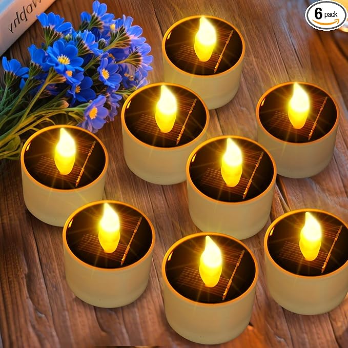 ANGMLN 8pcs Solar Tea Lights Outdoor Waterproof, Flameless Flicker LED Solar Candles with Dusk to Dawn Sensor, Reuseable Tea Light Candles for Lantern Garden Camping Party Home Decor,2.3''x2.1''