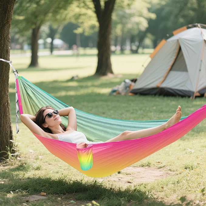 Rainbow Camping Hammock, Portable Lightweight Single Hammock with Tree Straps and Aluminum Carabiners, 114" x 54" Travel Hammock for Hiking Backpacking Beach