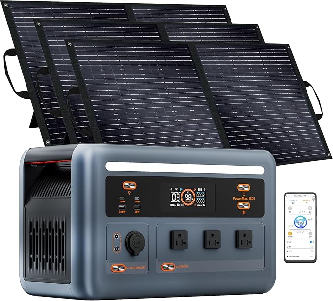 OSCAL 1800W Solar Generator with 3x100W Solar Panels PowerMax 1800SE, 1024Wh LiFePO4 Battery Generator with 3 AC Outlets (3600W Surge), 800W AC Charging, WI-FI/Bluetooth APP Control (PM1800SE+3X100W)