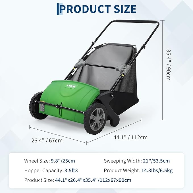 21 Inch Push Lawn Sweeper, Heavy Duty Leaf Collector with Dual Spinning Brushes 3.5 Cu. ft. Mesh Bag, Adjustable Height, Walk Behind Grass Sweeper for Leaves, Pine Needles & Yard Debris