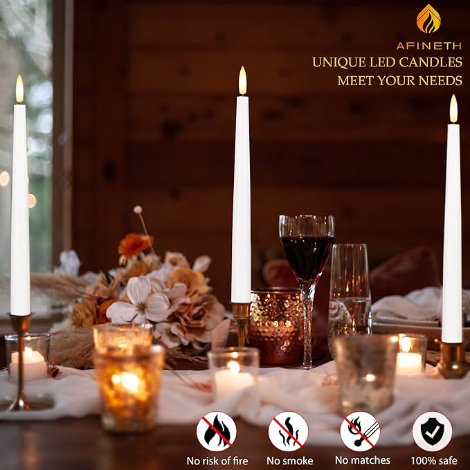 Flameless Taper Candles with 3D Wick, 11.4" Real Wax LED Candles with Remote and Timer, 6 Pack Flickering Candlesticks Battery Operated (White)