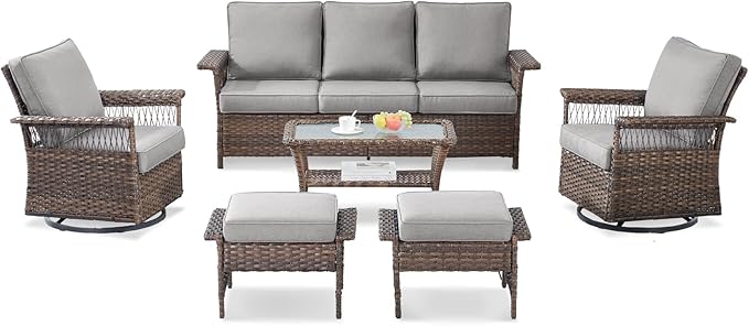 Outdoor Wicker Patio Furniture Set - 6 Piece Rattan Patio Conversation Sets with 2 Swivel Rocking Chairs,2 Ottomans,1 Sofa and 1 Coffee Table for Porch Deck Garden(Brown/Grey)