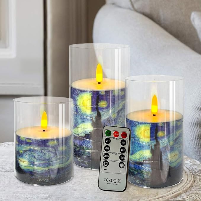 Flickering Flameless Candles, Recessed String Light LED Candles Acrylic Battery Operated LED Pillar Candles Van Gogh Art Painting Style for Home Decor Set of 3(Starry Night Printed)