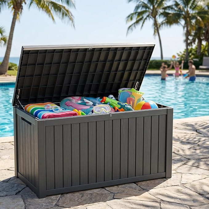 200 Gallon Deck Box, Extra Large Waterproof Outdoor Storage Box with Hydraulic Rod, Weatherproof Resin, Lockable Wood-grain Finish Container for Patio Furniture, Garden, Pool and Garage (Black)